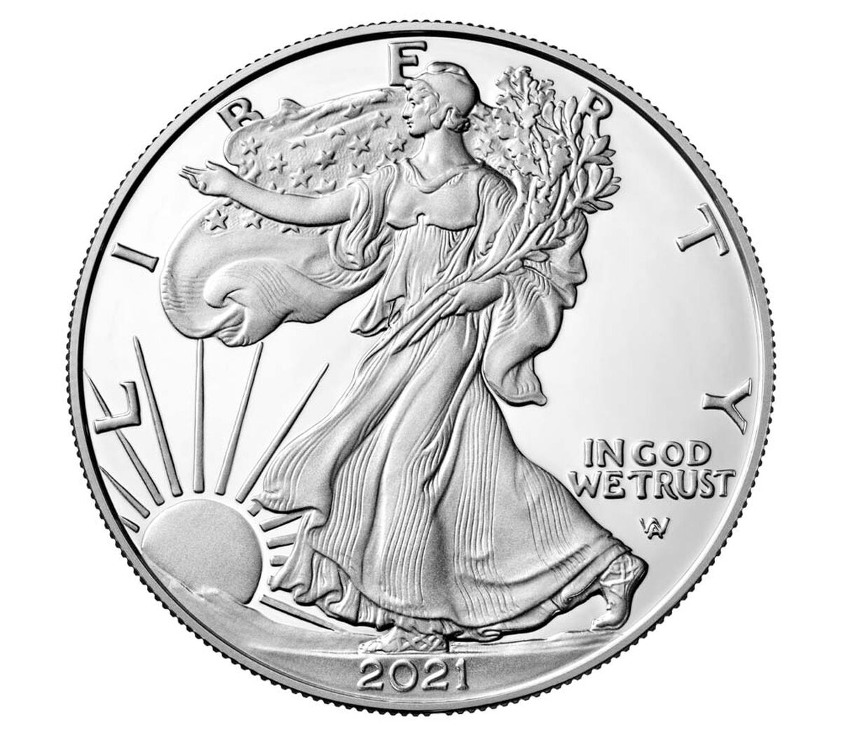 2021 American Eagle Silver Bullion 1 oz coin by BluVexCoin, showing detailed eagle design in brilliant uncirculated condition.