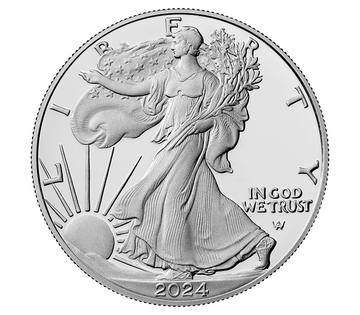 2024 American Eagle silver coin, 1 oz Brilliant Uncirculated bullion, shiny silver finish, detailed eagle design, from BluVexCoin.